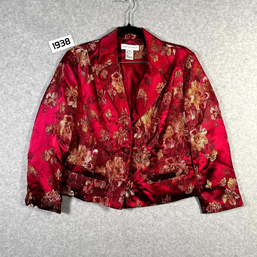 Newport News Blazer Jacket Womens 6 Red Floral Satin Chinoiserie Notch Lapel
